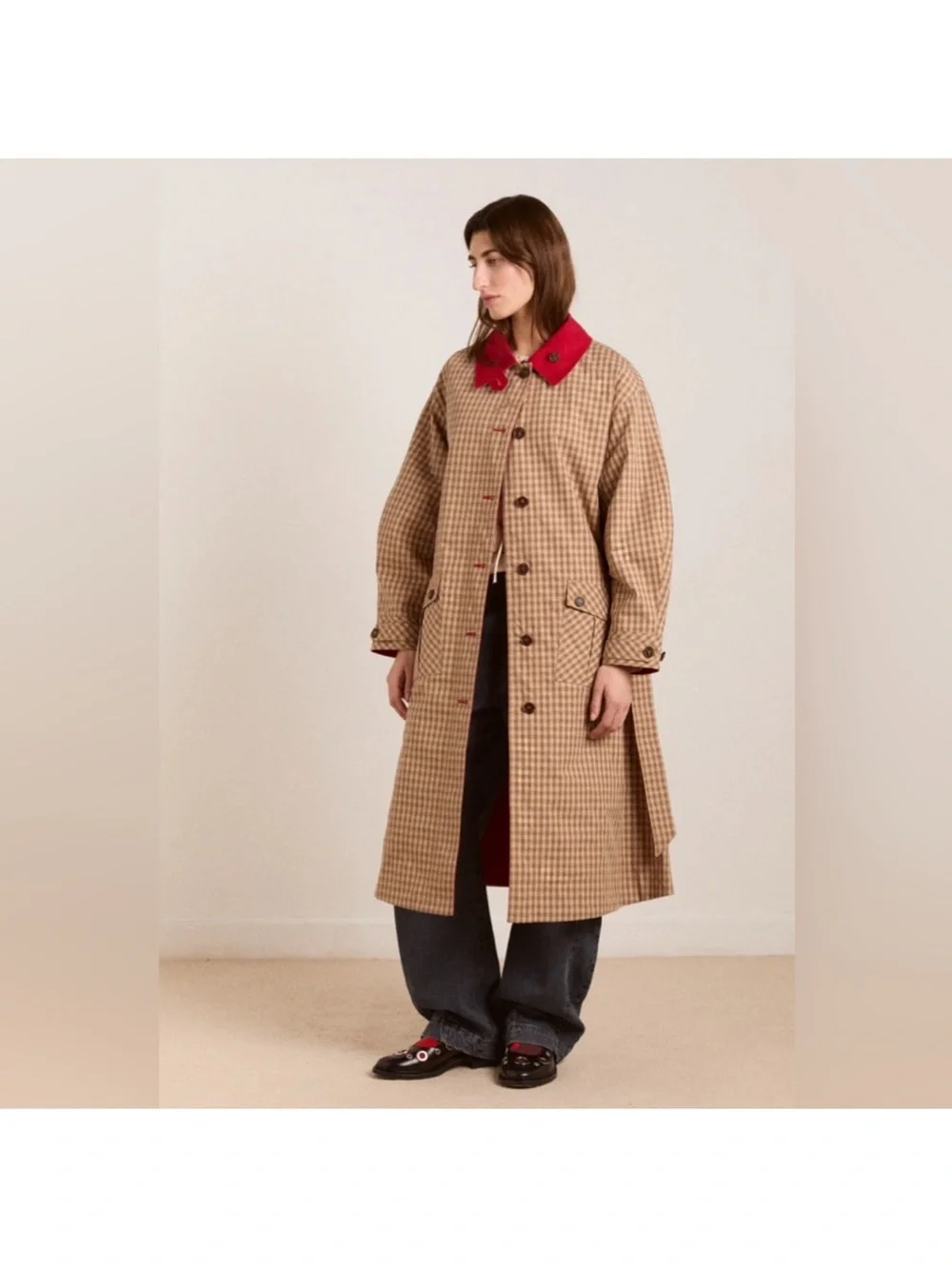 Damson Madder Reversible Red and Tan Check Women's Trench Coat oversized - Picture 2 of 16